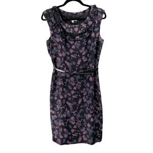 Classiques Entier 100% Silk Belted Sheath Dress Black Purple Abstract Print 8